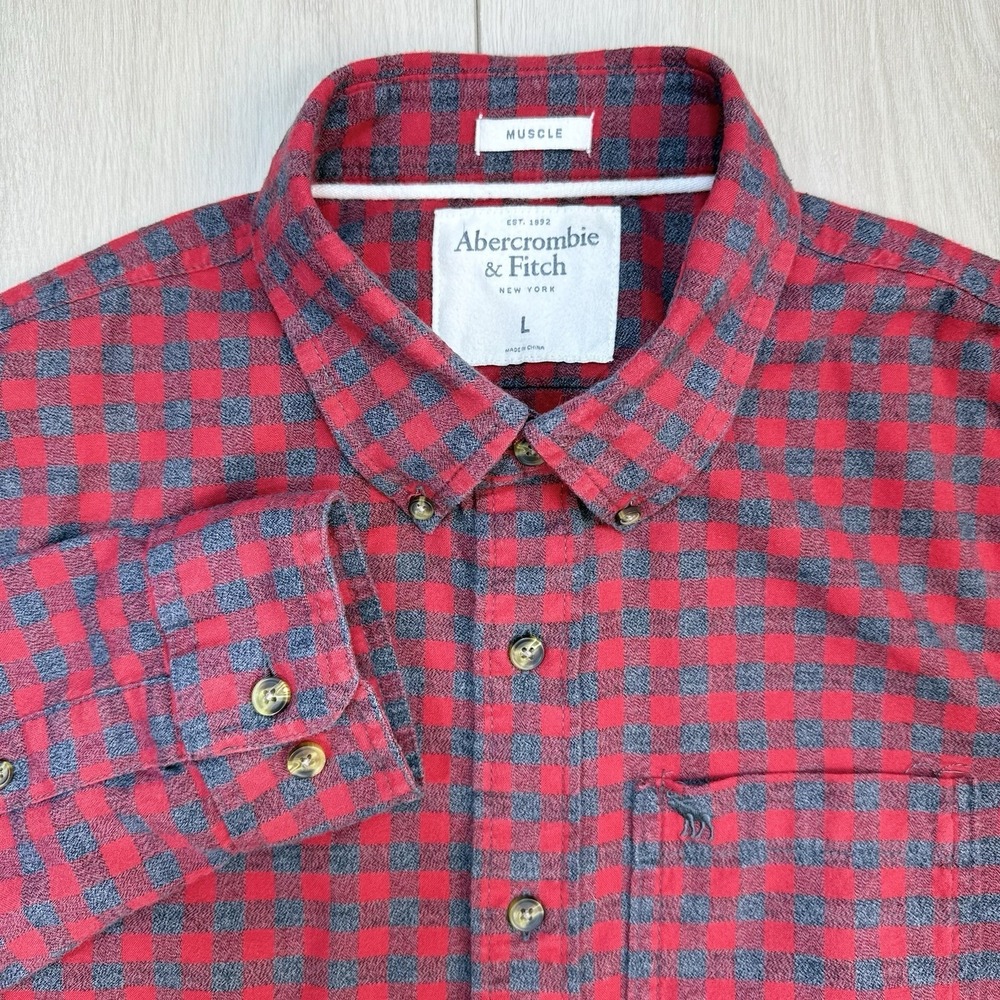 Y2K Abercrombie & Fitch Mens Large Red Gray Gingham Flannel‎ Shirt Muscle Fit